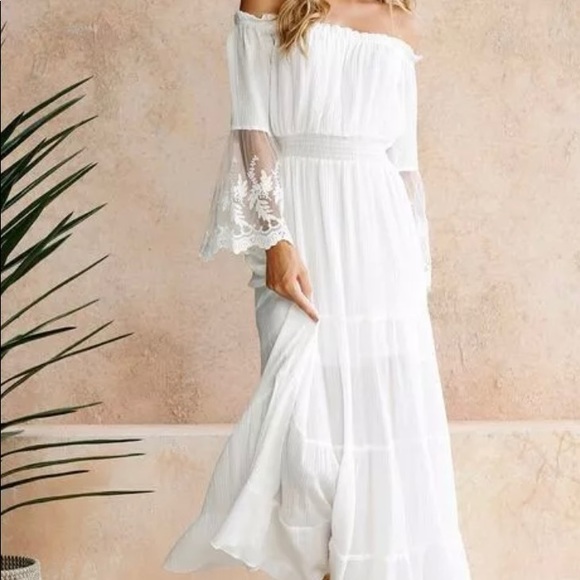 BOHO WHITE LACE MAXI DRESS w/BANDEAU NECKLINE - Picture 10 of 11